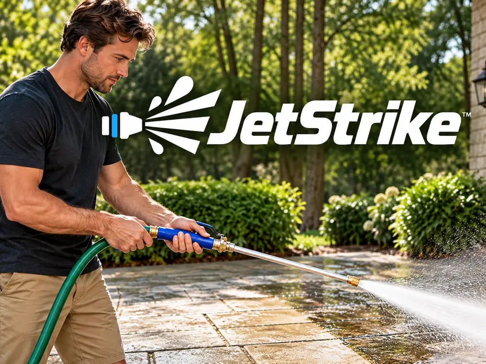 JetStrike outdoor cleaning wand in use on a paved patio